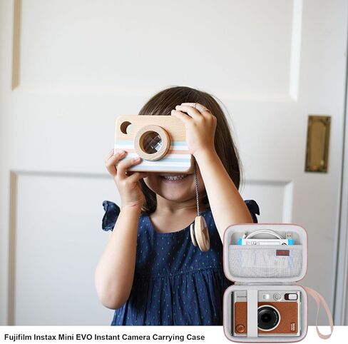 حقيبة حمل كاميرا Elonbo متوافقة مع كاميرا Fujifilm Instax Mini EVO الفورية، غطاء عدسة الكاميرا، حامل تخزين واقي للسفر، جيب شبكي يناسب شاحن الفيلم، وردي + وردي داخلي in Kuwait