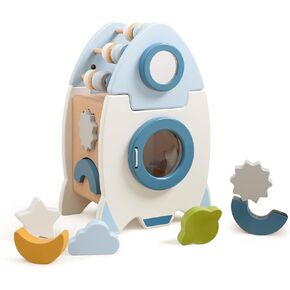 ibwaae Wooden Rocket Activity Cube, Space Busy Board Toys, 5 in 1 Shape Sorter Games, Montessori Toys Preschool Games for Toddler in Kuwait