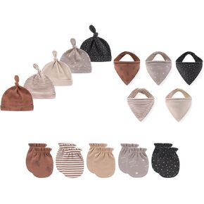 JELYLOVE 15 Pack Unisex New Born Boy Girls Hats Mittens Sets Cotton Soft Infant Accessory 0-6 Months Baby Essentials