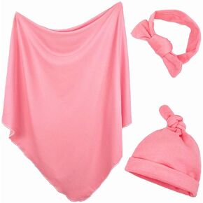 مجموعة قماط وعصابة رأس لحديثي الولادة من OWLOWLA مجموعة قماط قطن جيرسي تلقي بطانية للأطفال الأولاد والبنات (مرجاني) in Kuwait