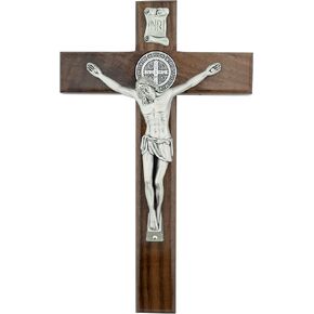 صليب حائط خشبي مع ميدالية القديس بنديكت | يسوع جميل بلون فضي | خشب ملون داكن صلب | جاهز للتعليق على الحائط | هدية رائعة للمعمودية والمنزل الجديد وحفلات الزفاف | صنع في ايطاليا in Kuwait