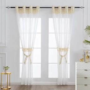 L.Z.E White Sheer Curtains 63 Inch Length 2 Panels Linen Sheer Curtains for Living Room White and Gold Curtains with Tiebacks for Bedroom Grommet Top Window Treatments (56" W x 63" L Gold) in Kuwait