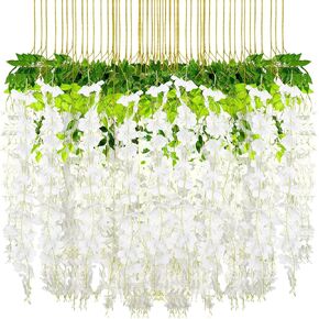 Riceshoot 240 Pcs Artificial Wisteria Hanging Flowers Garland 43.3 in/ 3.6 Ft Silk Fake Wisteria Vine Rattan Long Hanging Flowers String for Home Outdoor Wedding Party (Milky White) in Kuwait