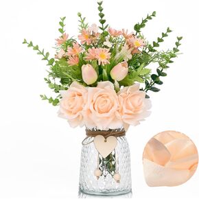 Waipfaru Fake Flowers in Vase, Pink Real Touch Roses Artificial Flowers with Vase, Faux Flowers in Vase, Flower Arrangement for Home, Bathroom, Valentines Day Decor, Dining Table Centerpiece