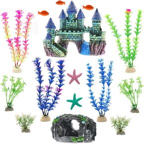 Bumiews Aquarium Decorations Castle Accessories Plastic Plants - 15 Pack Fish Tank Decoration Castle Barrel Hideouts Fish House and Cave Artificial Plants Ornament Anemone Starfish Small in Saudi Arabia