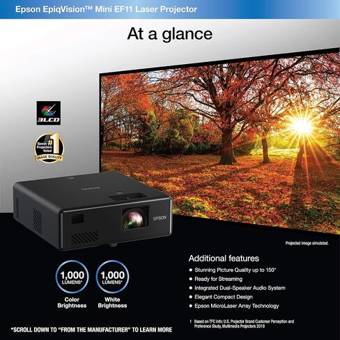 جهاز عرض Epson EpiqVision Mini EF12 Smart Streaming Laser Projector، HDR، Android TV، أفلام، ألعاب عائلية، محمول، صوت من Yamaha، 3LCD، Full HD 1080p، 1000 لومن اللون والسطوع الأبيض، بلوتوث أسود in Saudi Arabia