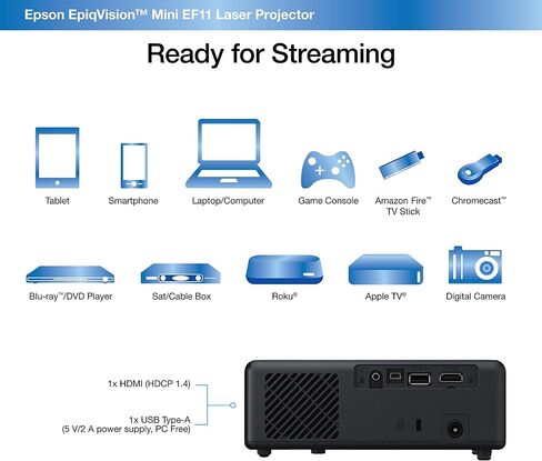 جهاز عرض Epson EpiqVision Mini EF12 Smart Streaming Laser Projector، HDR، Android TV، أفلام، ألعاب عائلية، محمول، صوت من Yamaha، 3LCD، Full HD 1080p، 1000 لومن اللون والسطوع الأبيض، بلوتوث أسود in Saudi Arabia