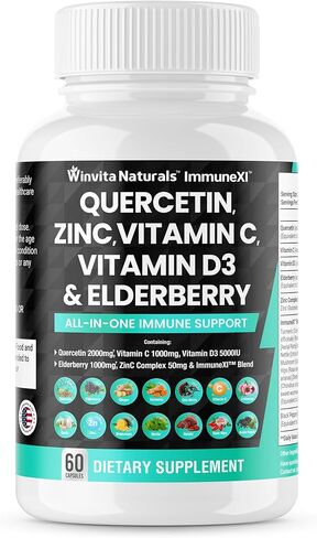 وينفيتا ناتشورالز كيرسيتين 2000 ملغ زنك 50 ملغ فيتامين C 1000 ملغ فيتامين D3 5000 وحدة دولية - مكمل دعم الجهاز المناعي مع إشنسا الزنجبيل بروميلين طحالب البحر الثوم نبات القراص كبسولات نباتية الولايات المتحدة الأمريكية in Kuwait