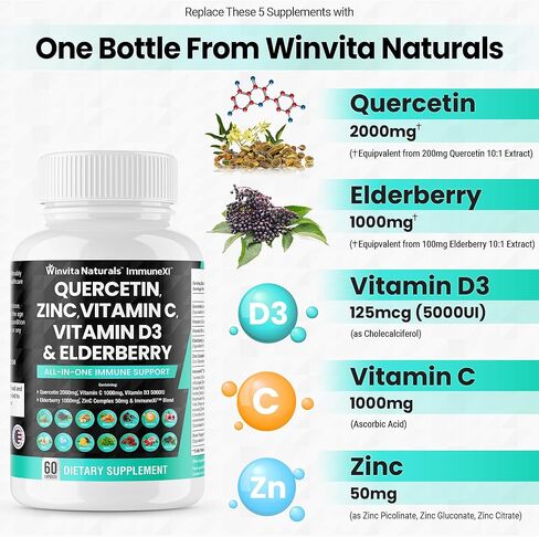 وينفيتا ناتشورالز كيرسيتين 2000 ملغ زنك 50 ملغ فيتامين C 1000 ملغ فيتامين D3 5000 وحدة دولية - مكمل دعم الجهاز المناعي مع إشنسا الزنجبيل بروميلين طحالب البحر الثوم نبات القراص كبسولات نباتية الولايات المتحدة الأمريكية in Kuwait