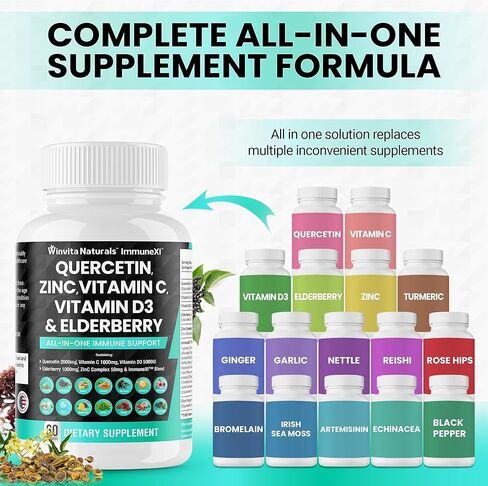 وينفيتا ناتشورالز كيرسيتين 2000 ملغ زنك 50 ملغ فيتامين C 1000 ملغ فيتامين D3 5000 وحدة دولية - مكمل دعم الجهاز المناعي مع إشنسا الزنجبيل بروميلين طحالب البحر الثوم نبات القراص كبسولات نباتية الولايات المتحدة الأمريكية in Kuwait