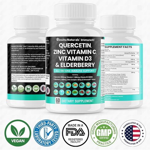 وينفيتا ناتشورالز كيرسيتين 2000 ملغ زنك 50 ملغ فيتامين C 1000 ملغ فيتامين D3 5000 وحدة دولية - مكمل دعم الجهاز المناعي مع إشنسا الزنجبيل بروميلين طحالب البحر الثوم نبات القراص كبسولات نباتية الولايات المتحدة الأمريكية in Kuwait