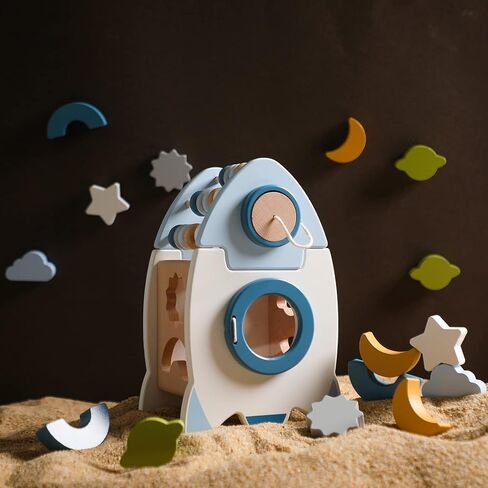 ibwaae Wooden Rocket Activity Cube, Space Busy Board Toys, 5 in 1 Shape Sorter Games, Montessori Toys Preschool Games for Toddler in Kuwait