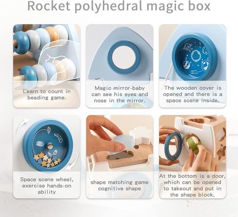 ibwaae Wooden Rocket Activity Cube, Space Busy Board Toys, 5 in 1 Shape Sorter Games, Montessori Toys Preschool Games for Toddler in Kuwait