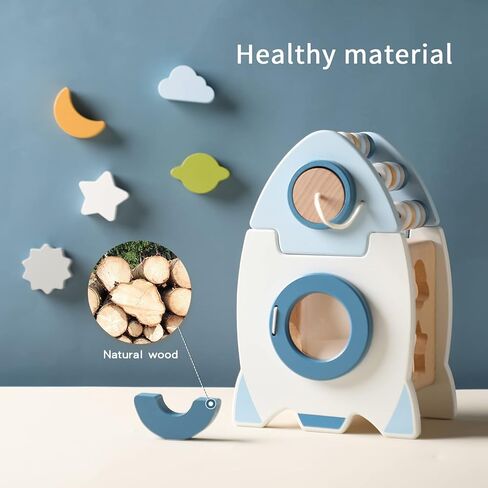 ibwaae Wooden Rocket Activity Cube, Space Busy Board Toys, 5 in 1 Shape Sorter Games, Montessori Toys Preschool Games for Toddler in Kuwait