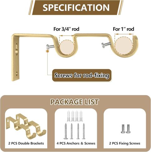 KAMANINA Double Curtain Rod Bracket 2 Pack, Warm Gold-New in Kuwait