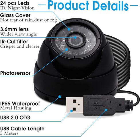 كاميرا ALPCAM USB مقاومة للماء بقبة USB وكاميرا ويب للرؤية الليلية مع 24 قطعة من مصابيح LED بالأشعة تحت الحمراء، وكاميرا أمان للمنزل، وكاميرا USB عالية الدقة 720 بكسل مع عدسة 3.6 ملم تعمل بالأشعة تحت الحمراء لنظام التشغيل Windows Mac Linux Android in Kuwait