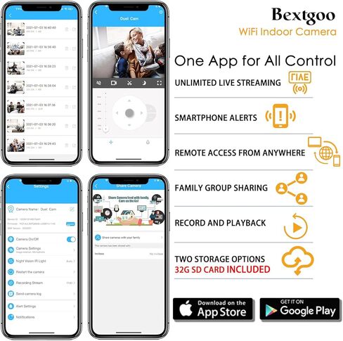 كاميرا واي فاي، كاميرات مراقبة Bextgoo 1080P داخلية مع عدسة مزدوجة، لسان / تكبير، كاميرا IP مع كشف الحركة، مراقبة كاميرا واي فاي للحيوانات/المسن/الكلب/الطفل، تتبع تلقائي، رؤية ليلية in Kuwait