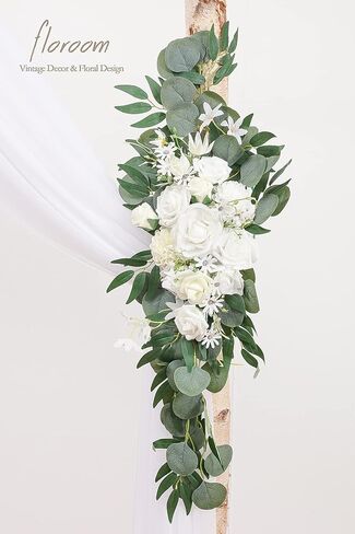 مجموعة زهور قوسية مع ستائر (عبوة من 4 قطع) من Floroom - قطعتان من تشكيلة زهور عاجية وبيضاء صناعية مع قطعتين من قماش اللف لشجرة حفل الزفاف وديكور خلفية الاستقبال in Kuwait