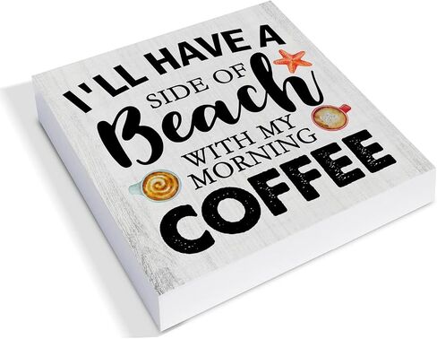 Beach With My Morning Coffee Wood Box Sign Decor Desk Sign Beach Kitchen Wooden Box Block Sign Summer Signs Farmhouse Home Shelf Wall Decoration in Saudi Arabia