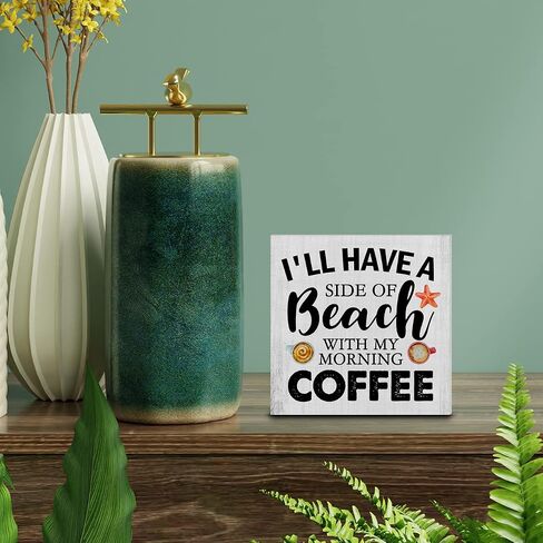 Beach With My Morning Coffee Wood Box Sign Decor Desk Sign Beach Kitchen Wooden Box Block Sign Summer Signs Farmhouse Home Shelf Wall Decoration in Saudi Arabia