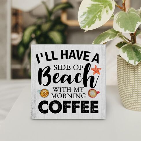 Beach With My Morning Coffee Wood Box Sign Decor Desk Sign Beach Kitchen Wooden Box Block Sign Summer Signs Farmhouse Home Shelf Wall Decoration in Saudi Arabia