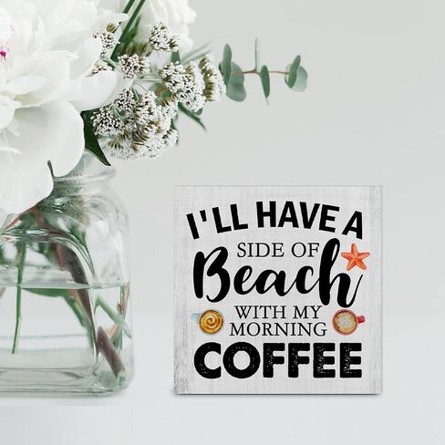 Beach With My Morning Coffee Wood Box Sign Decor Desk Sign Beach Kitchen Wooden Box Block Sign Summer Signs Farmhouse Home Shelf Wall Decoration in Saudi Arabia