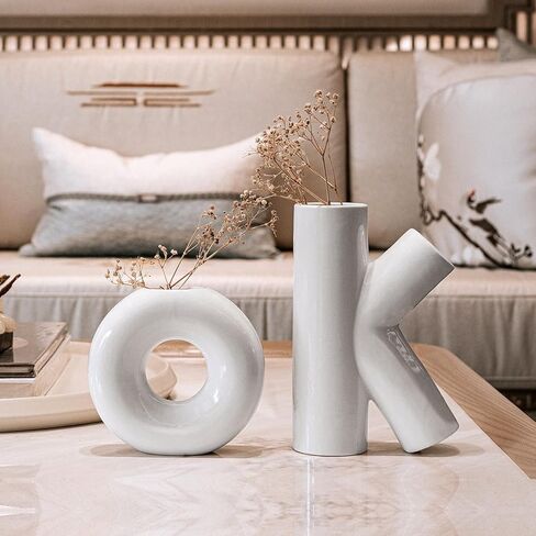 سانبيرغ مجموعة مزهرية سيراميك بيضاء من قطعتين على شكل اوك، مزهرية دائرية مجوفة على شكل دونات ومزهرية على شكل حرف K للزهور المركزية، منحوتة فنية ابداعية عصرية بسيطة للمنزل والمكتب وحفلات الزفاف in Kuwait