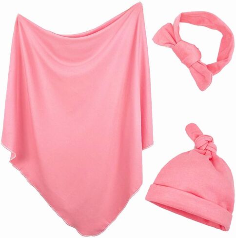 مجموعة قماط وعصابة رأس لحديثي الولادة من OWLOWLA مجموعة قماط قطن جيرسي تلقي بطانية للأطفال الأولاد والبنات (مرجاني) in Kuwait