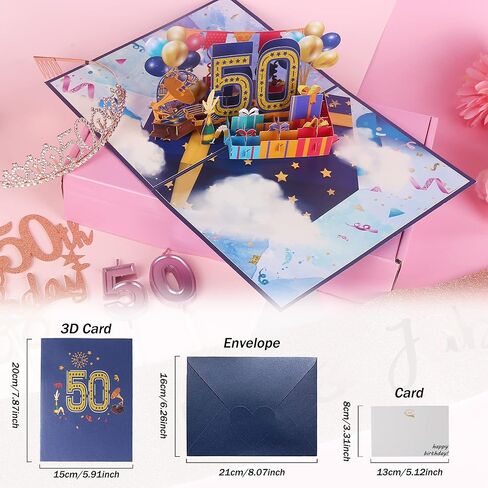 هدايا عيد الميلاد الخمسين للنساء - زينة عيد الميلاد الخمسين للنساء تتضمن بطاقة منبثقة ثلاثية الأبعاد لعيد الميلاد، وتاج التاج، والوشاح، وأغطية الكيك، والبالونات، والشموع مع صندوق هدايا in Kuwait