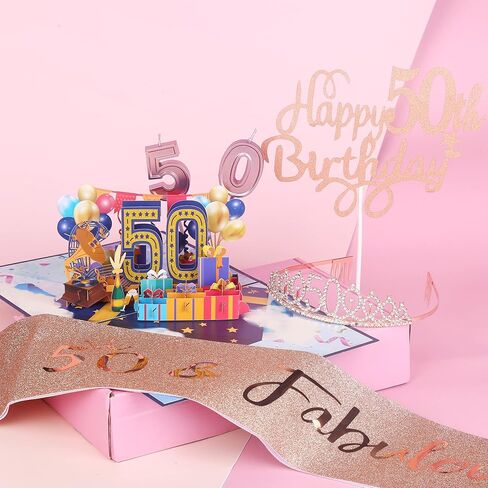 هدايا عيد الميلاد الخمسين للنساء - زينة عيد الميلاد الخمسين للنساء تتضمن بطاقة منبثقة ثلاثية الأبعاد لعيد الميلاد، وتاج التاج، والوشاح، وأغطية الكيك، والبالونات، والشموع مع صندوق هدايا in Kuwait
