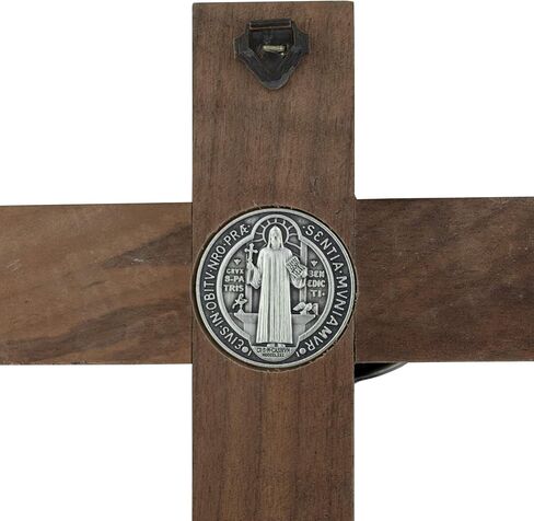 صليب حائط خشبي مع ميدالية القديس بنديكت | يسوع جميل بلون فضي | خشب ملون داكن صلب | جاهز للتعليق على الحائط | هدية رائعة للمعمودية والمنزل الجديد وحفلات الزفاف | صنع في ايطاليا in Kuwait