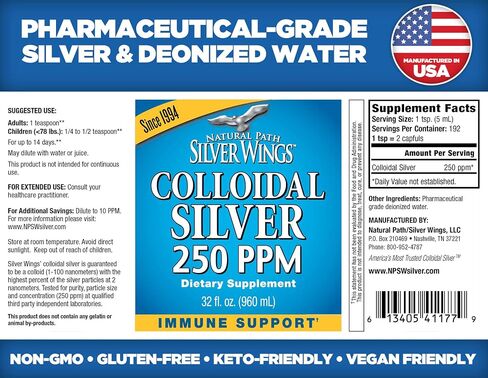 Natural Path Silver Wings Colloidal Silver 250ppm 32oz - Premium Glass Bottle - Natural Mineral Supplement for Immune Support - 250 PPM (1250mcg) - 32 oz in Saudi Arabia