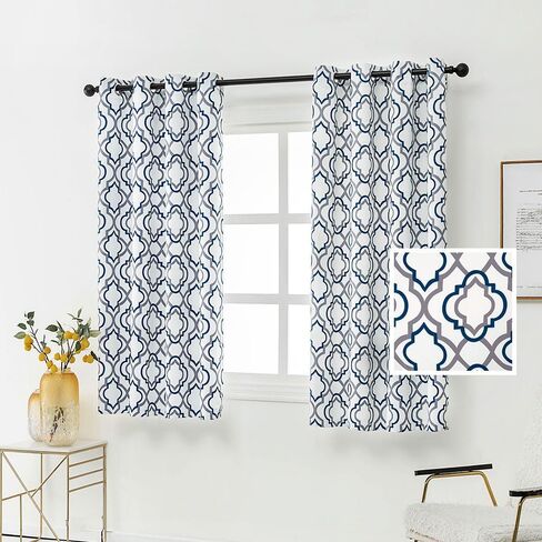 ستائر ريبو مغربية منقوشة معتمة بحلقات معدنية بطول 63 بوصة، مجموعة من لوحتين، ستارة تعتيم الغرفة لغرفة النوم معزولة حراريًا، ستائر مانعة للحرارة 52 × 63 بوصة، أزرق in Kuwait