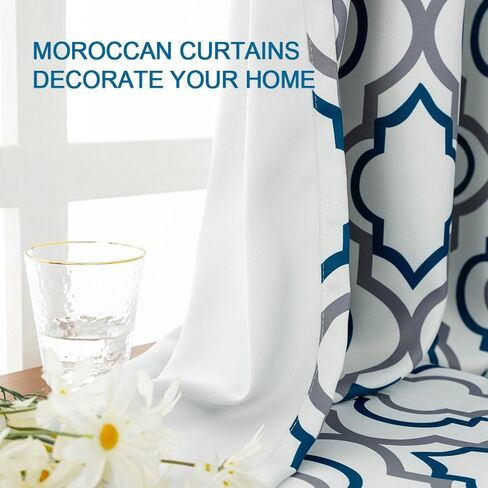 ستائر ريبو مغربية منقوشة معتمة بحلقات معدنية بطول 63 بوصة، مجموعة من لوحتين، ستارة تعتيم الغرفة لغرفة النوم معزولة حراريًا، ستائر مانعة للحرارة 52 × 63 بوصة، أزرق in Kuwait