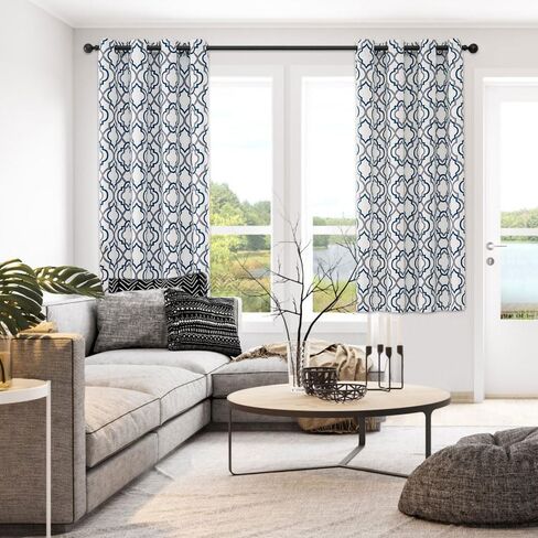 ستائر ريبو مغربية منقوشة معتمة بحلقات معدنية بطول 63 بوصة، مجموعة من لوحتين، ستارة تعتيم الغرفة لغرفة النوم معزولة حراريًا، ستائر مانعة للحرارة 52 × 63 بوصة، أزرق in Kuwait