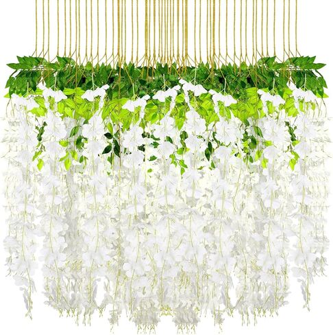 Riceshoot 240 Pcs Artificial Wisteria Hanging Flowers Garland 43.3 in/ 3.6 Ft Silk Fake Wisteria Vine Rattan Long Hanging Flowers String for Home Outdoor Wedding Party (Milky White) in Kuwait