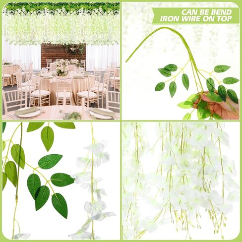 Riceshoot 240 Pcs Artificial Wisteria Hanging Flowers Garland 43.3 in/ 3.6 Ft Silk Fake Wisteria Vine Rattan Long Hanging Flowers String for Home Outdoor Wedding Party (Milky White) in Kuwait