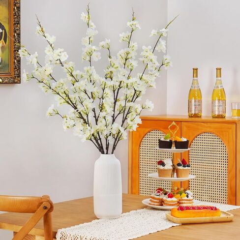 Sunm Boutique 4Pcs Artificial Cherry Blossom Flowers, 42.9" Faux Cherry Blossom Branches, Cherry Blossom Stems for Wedding, Office, Party, Hotel, Yard, Home, Decoration, White in Kuwait