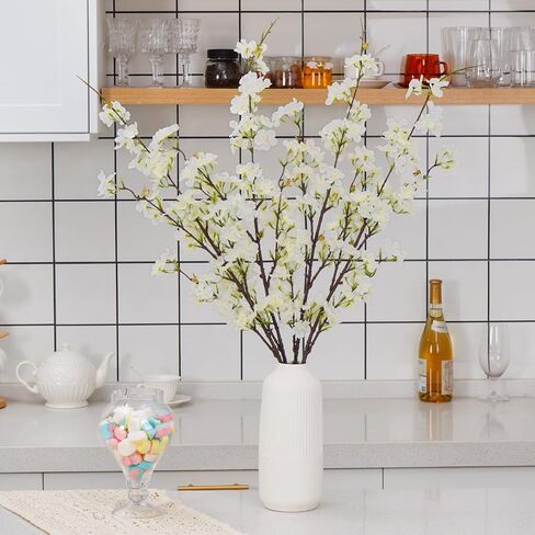 Sunm Boutique 4Pcs Artificial Cherry Blossom Flowers, 42.9" Faux Cherry Blossom Branches, Cherry Blossom Stems for Wedding, Office, Party, Hotel, Yard, Home, Decoration, White in Kuwait
