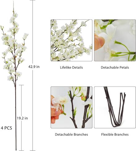 Sunm Boutique 4Pcs Artificial Cherry Blossom Flowers, 42.9" Faux Cherry Blossom Branches, Cherry Blossom Stems for Wedding, Office, Party, Hotel, Yard, Home, Decoration, White in Kuwait