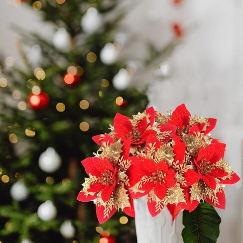 26 قطعة من زهور الكريسماس الاصطناعية من Kainonnan مع مشابك وبخار لتزيين شجرة الكريسماس وحفلات المنزل وديكور الكريسماس (ذهبي) in Kuwait