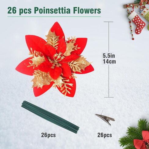 26 قطعة من زهور الكريسماس الاصطناعية من Kainonnan مع مشابك وبخار لتزيين شجرة الكريسماس وحفلات المنزل وديكور الكريسماس (ذهبي) in Kuwait