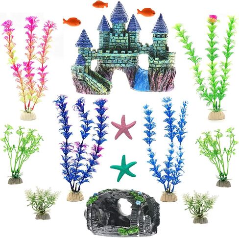 Bumiews 15 Pack Aquarium Decoration Fish Tank Decorations Small Castle Barrel Hideouts Fish Cave Mini Artificial Ornament Anemone Starfish, Mini Fishes and Lifelike Various Sizes Plastic Plants Small in Saudi Arabia