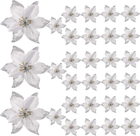WILLBOND Glitter Christmas Tree Ornaments Artificial Wedding Christmas Poinsettia Flowers for Christmas Flowers Tree Wreaths Decor Ornament (30, Gold 1) in Saudi Arabia