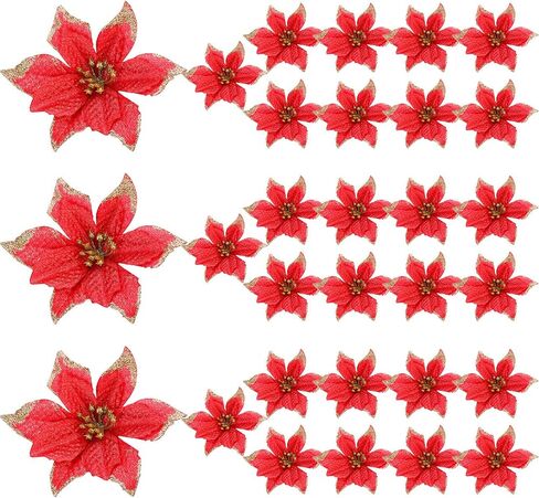 WILLBOND Glitter Christmas Tree Ornaments Artificial Wedding Christmas Poinsettia Flowers for Christmas Flowers Tree Wreaths Decor Ornament (30, Gold 1) in Saudi Arabia