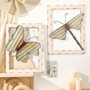 Menkxi 2 Pieces Wood and Metal Wall Decor Rustic Wall Art Butterfly Dragonfly Wall Decor with Frame Farmhouse Wall Decor for Outdoor Kitchen Bathroom Bedroom Living Room Garden Office in Saudi Arabia