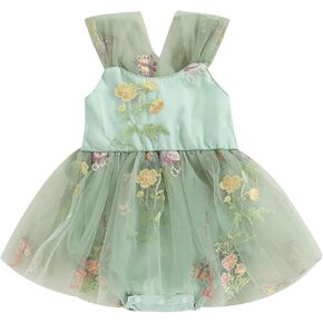 Newborn Baby Girl Embroidered Romper Dress Infant Girls Floral Sleeveless Bodysuit Mesh Tutu Tulle Dresses Summer Outfits