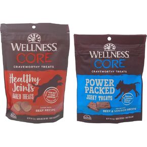مكافآت الكلاب الخالية من الحبوب من Wellness CORE - 2 حزمة متنوعة من النكهات: (1) كل منها: مفاصل صحية من لحم البقر المطاطي المخبوز، ولحم البقر المعبأ بالطاقة من لحم الغزال المطاطي المتشنج (4-8 أونصات) in Kuwait