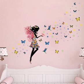 Supzone Butterfly Girl Wall Stickers Flowers Fairy Wall Decal Removable Vinyl Wall Art Stickers for Girls Baby Nursery Kids Bedroom Living Room Bathroom Wall Decor Mural… in Kuwait
