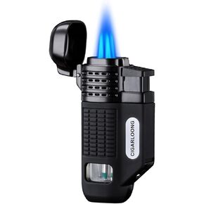 CIGARLOONG Cigar Lighter 4 Jet Torch Blue Flames Refillable Butane Torch Lighter with Cigar Punch (Color:Orange)